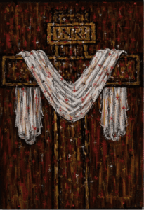 African art painting of a cross draped in white cloth by Chike Onuorah, symbolizing resurrection, divine grace, and spiritual renewal. 