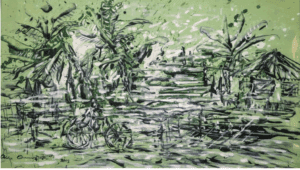 A vibrant green African painting by Chike Onuorah, depicting a rural scene with palm trees and huts, exhibited at Ovico Gallery to convey cultural identity and artistic depth. 