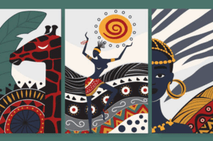 A triptych of stylized African art illustrations featuring a giraffe with tribal patterns, a dancing woman holding a sun symbol, and a regal female figure with gold jewelry and braided hair. The bold colors and symbolic elements reflect the narrative depth and visual diversity Cheryl sought in authentic African paintings.